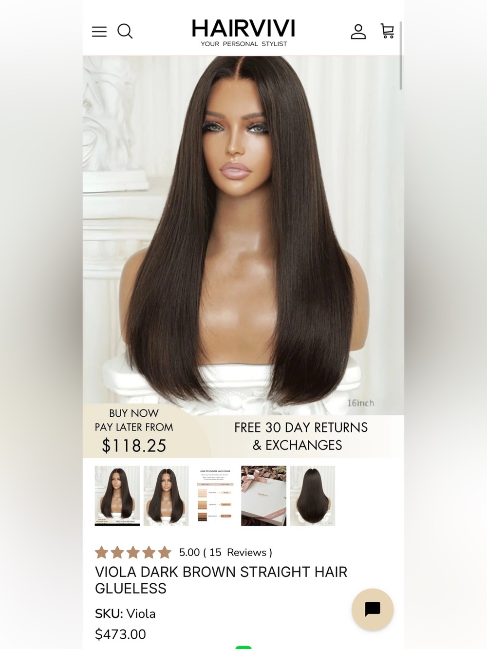 Viola Dark Brown Straight Hair Glueless - 16" / M(21"-22") / Cappuccino(+5BD)